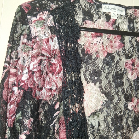 Floral Sheer Lace Duster Robe - Black & Pink - Picture 5 of 6